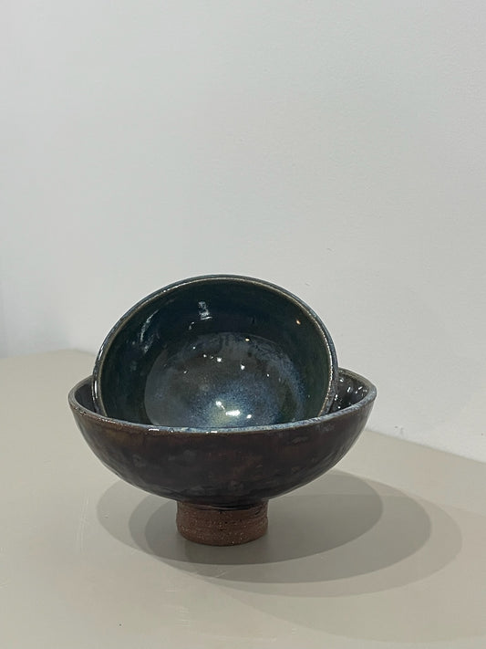 Marissa / Brown bowls with blue swirls interior