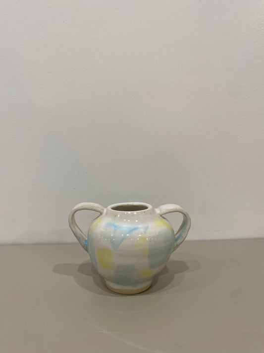 Jenny / Blue and yellow dabbed vase with handles